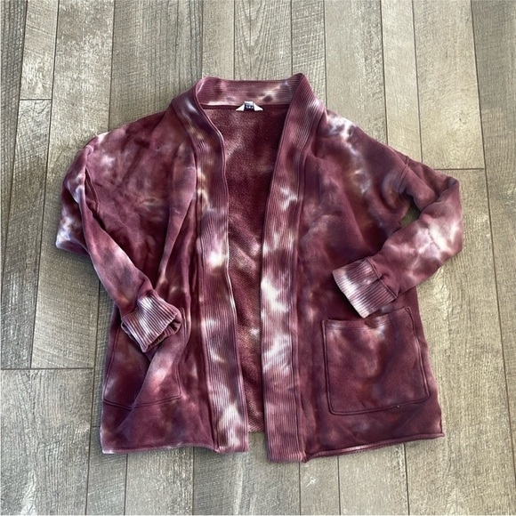 JoyLab Size Medium Maroon Tie Dye French Terry Cardigan Sweater. - Picture 2 of 5